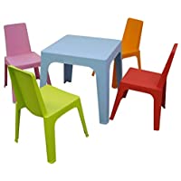 resol Julieta set infantil para interior- exterior- jardín - 1 Mesa Azul + 4 Sillas Roja-Rosa-Naranja-Lima